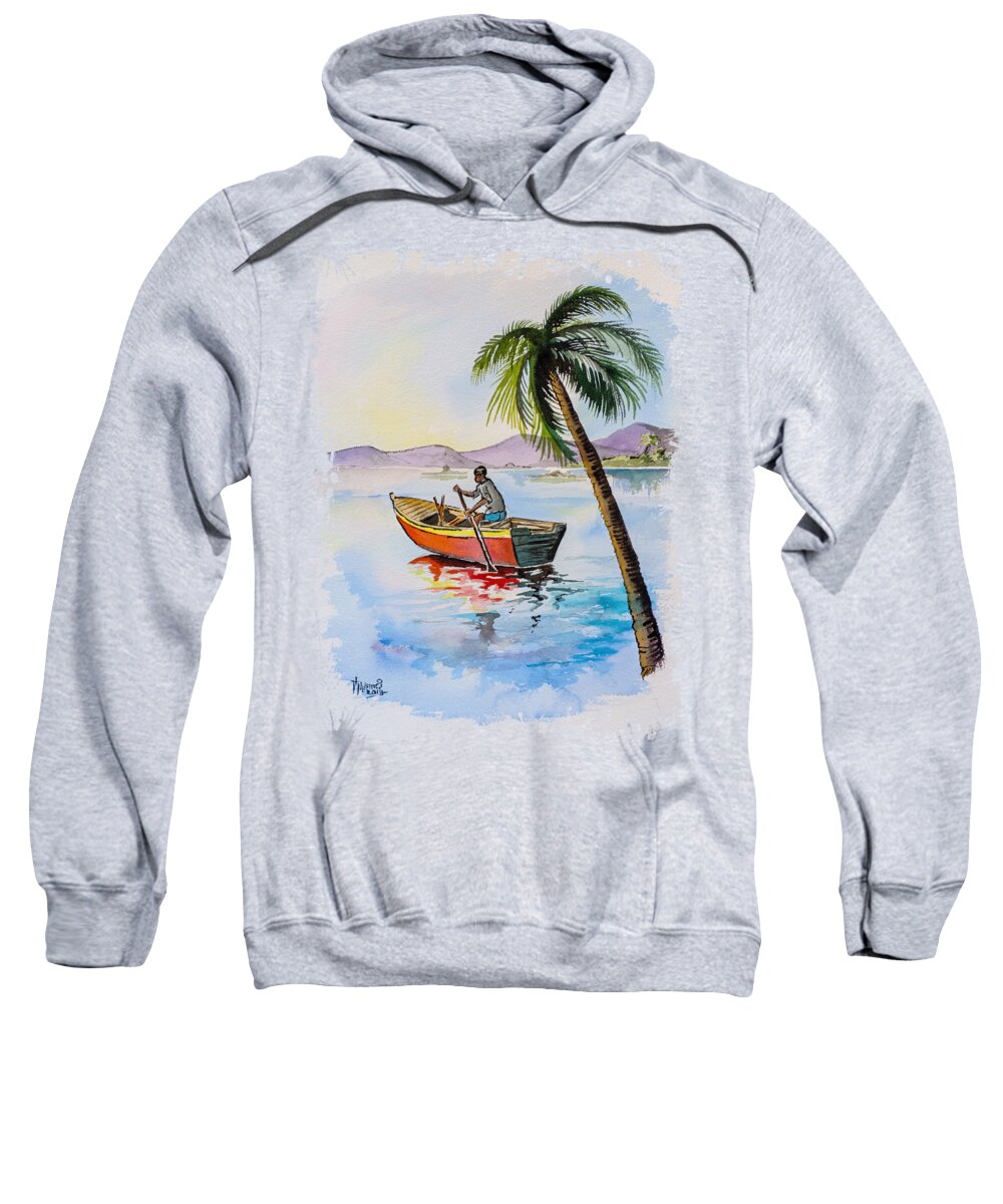 Boat Sweatshirt featuring the painting Boat and Palm by Anthony Mwangi