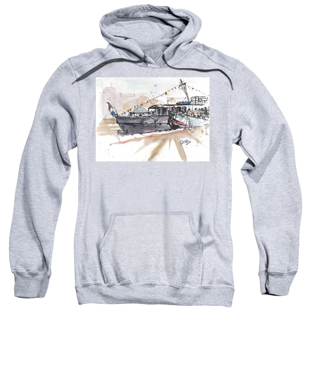 Docks Sweatshirt featuring the painting Boat Docked in Amsterdam by Gaston McKenzie