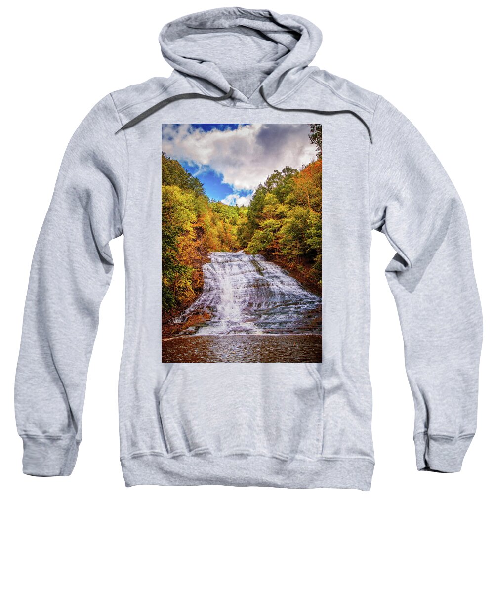 Finger Lakes Sweatshirt featuring the photograph Buttermilk Falls in Autumn by Lynn Bauer