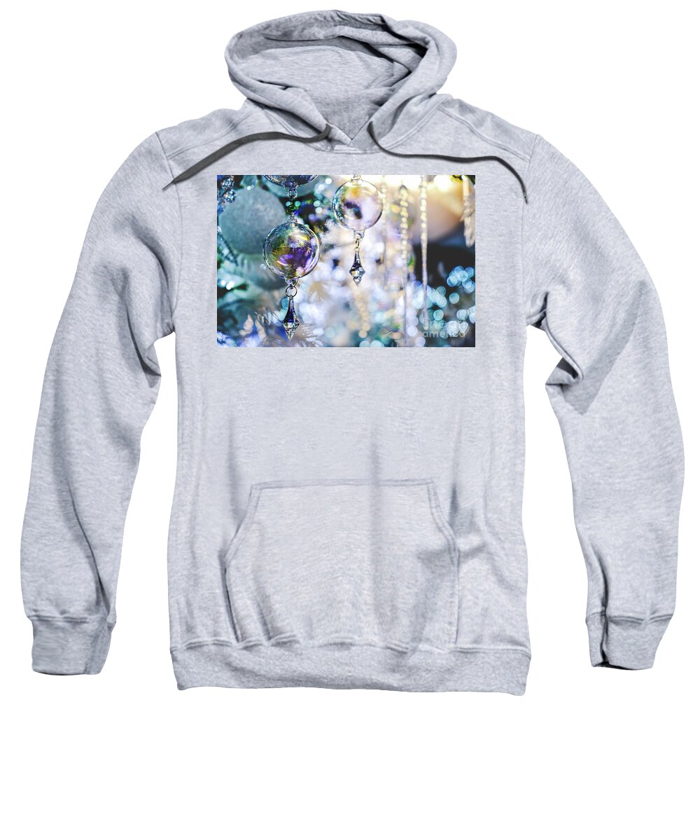 Crystal Sweatshirt featuring the photograph Crystal Ball Christmas Tree Decoration Blue Background Elegant Closeup by Luca Lorenzelli