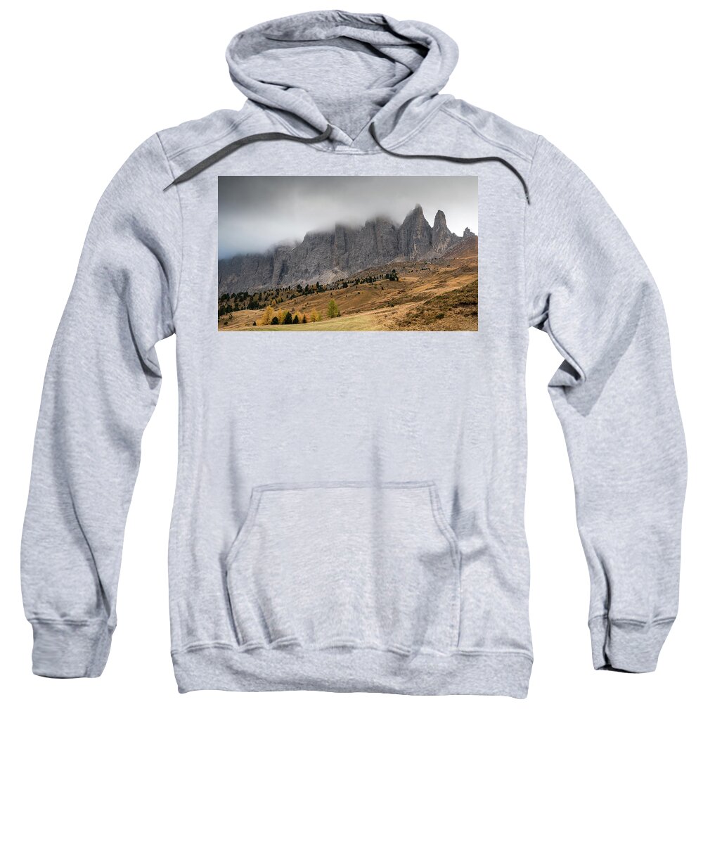 Mood Sweatshirt featuring the photograph Foggy mountain landscape of the picturesque Dolomites mountains by Michalakis Ppalis