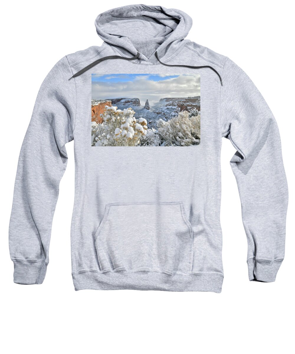 Colorado National Monument Sweatshirt featuring the photograph Fresh Snow at Independence Canyon by Ray Mathis