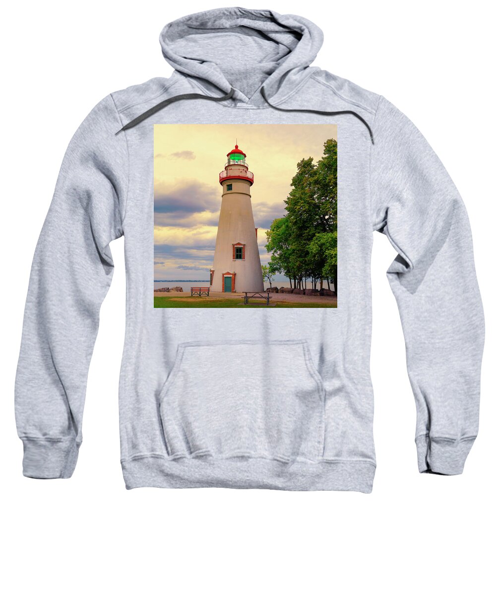 Marblehead Lighthouse Sweatshirt featuring the photograph Green Light Ohio Golden Hour by Marianne Campolongo