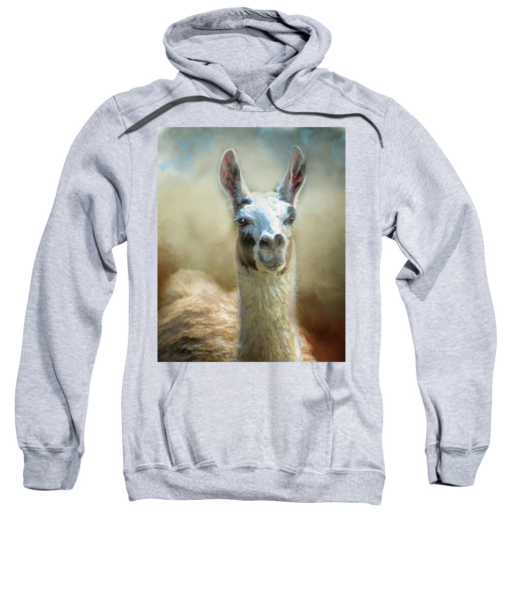 Llama Sweatshirt featuring the painting Have any apples? by Jeanette Mahoney
