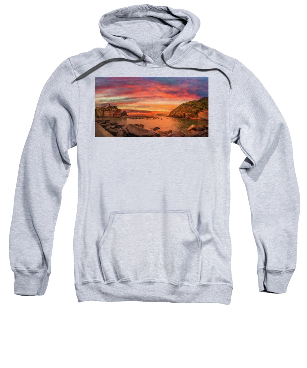 Cinque Sweatshirt featuring the photograph ILLUSTRATION, sunset on Italian sea village by Vivida Photo PC