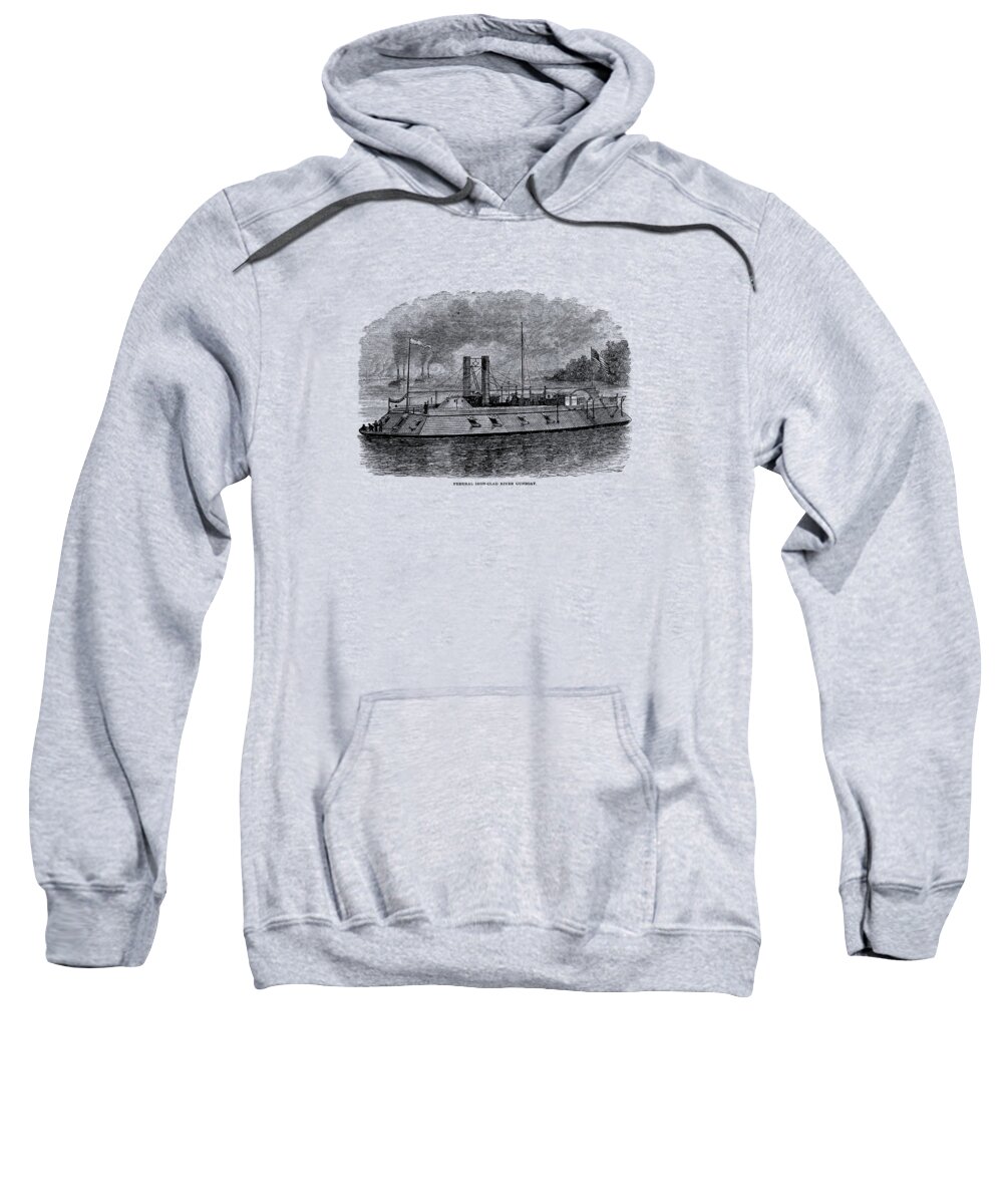 Civil War Sweatshirt featuring the drawing Ironclad River Gunboat Engraving - Union Civil War by War Is Hell Store