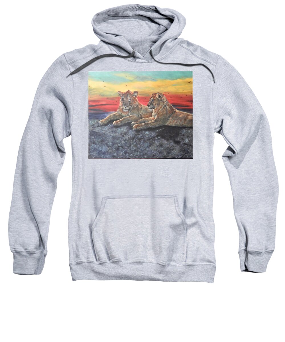 Lion Sweatshirt featuring the painting Lion Sunset by John Neeve