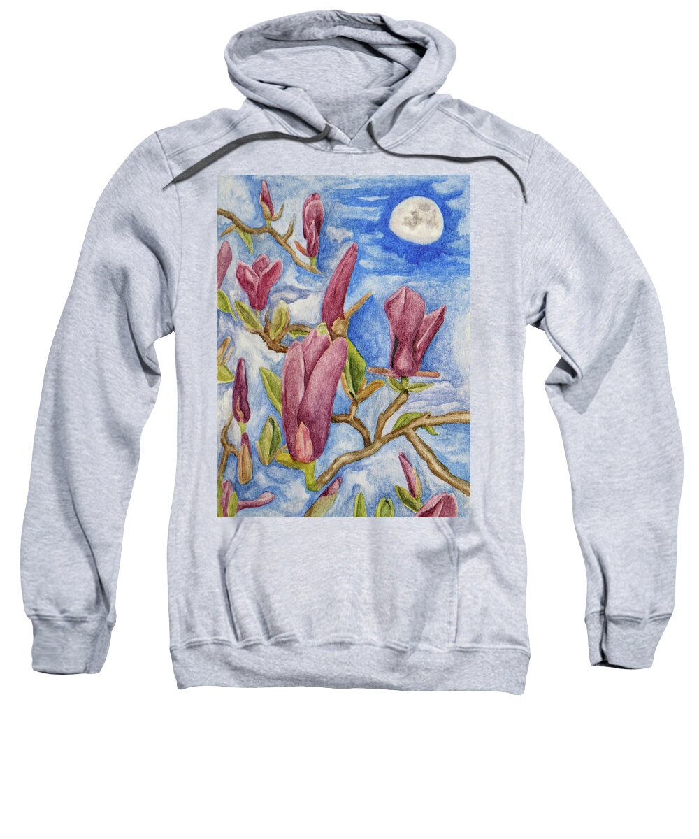 Nature Sweatshirt featuring the painting Magnolias with Daytime Moon by Robert Morin