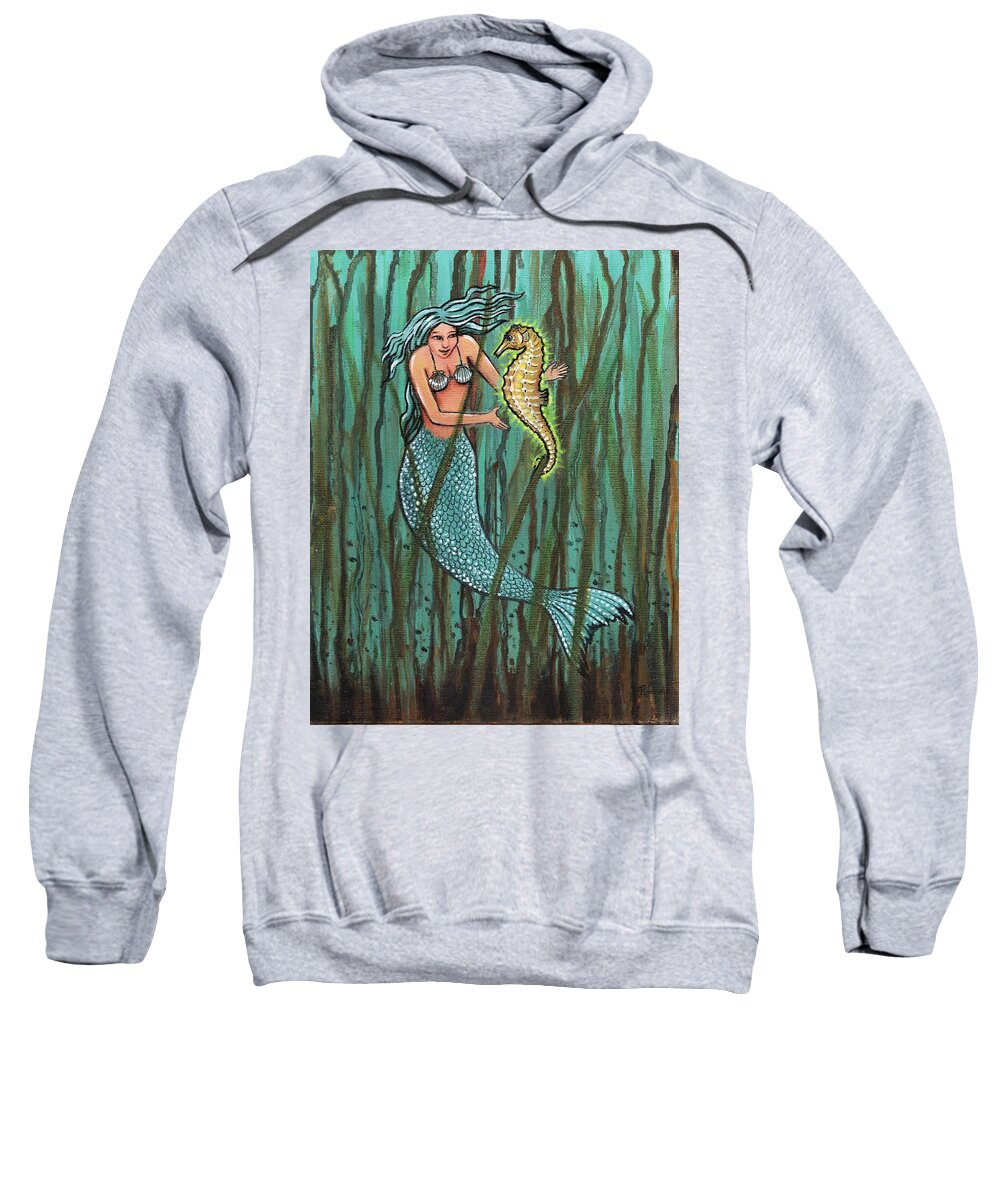 Mermaids Sweatshirt featuring the painting Mermaid and the Magic Seahorse by James RODERICK
