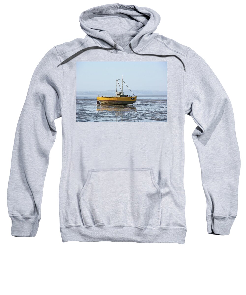 Morecambe Bay Sweatshirt featuring the photograph MORECAMBE. Yellow Fishing Boat. by Lachlan Main