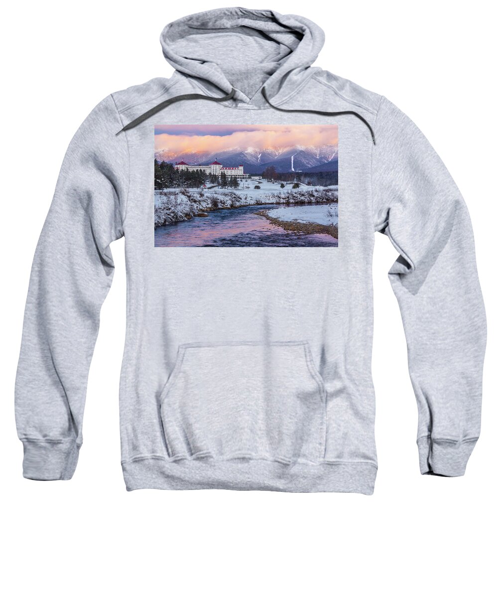 Alpenglow Sweatshirt featuring the photograph Mount Washington Hotel Alpenglow by White Mountain Images