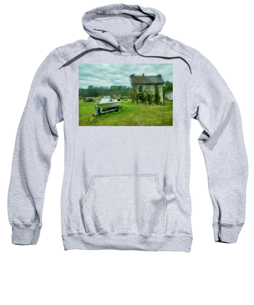 Photograph Of Single Old House Covered In Vines. Boat In Front Of All House. Green Grass Sweatshirt featuring the photograph Auntie's Old House by Joan Reese