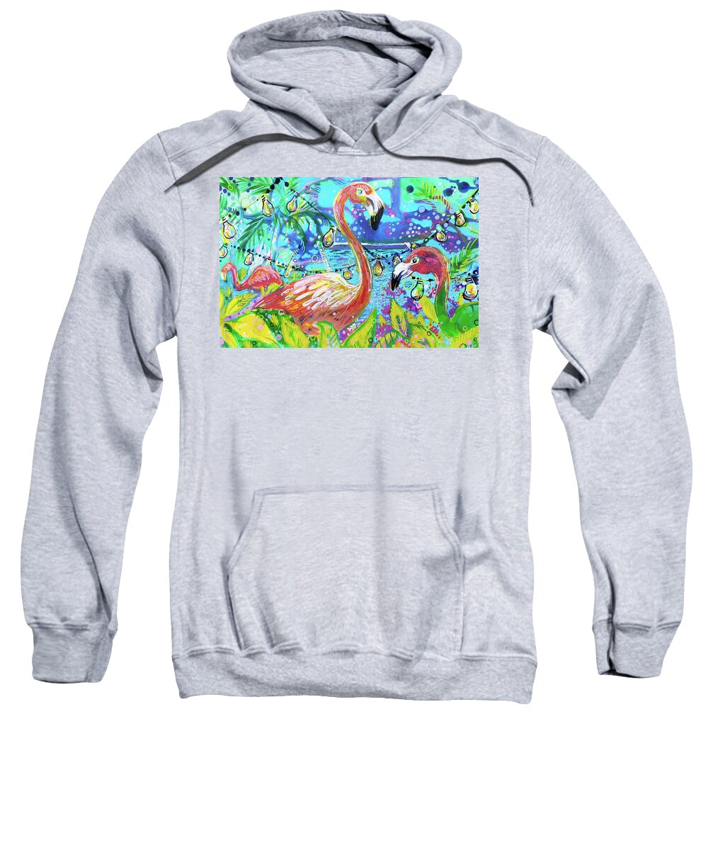 Flamingo Sweatshirt featuring the painting Outdoor flamingo party by Tilly Strauss