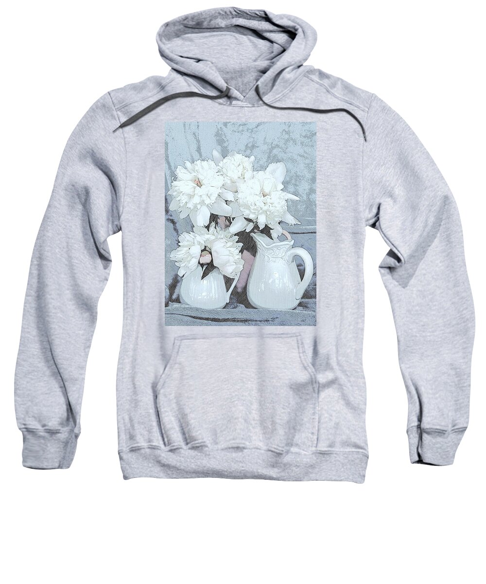 Still Life Sweatshirt featuring the mixed media Peonies with Blue Background 3528 by Sherry Hallemeier