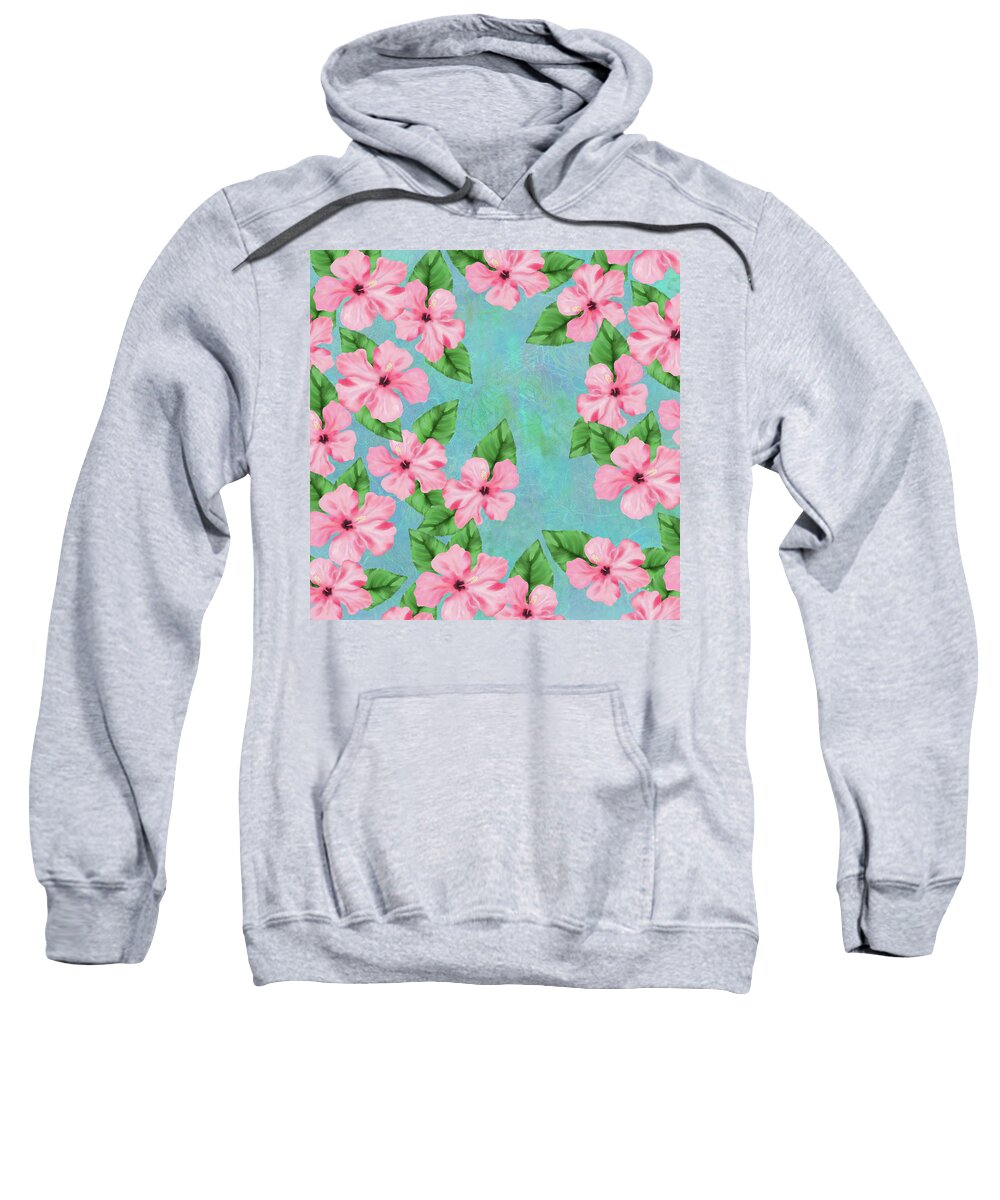 Tropical Sweatshirt featuring the digital art Pink Hibiscus Tropical Floral Print by Sand And Chi