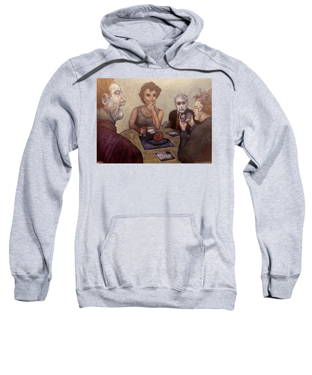 Round Table. Seated Figures Sweatshirt featuring the painting Quantum Entanglement Customer Service by William Stoneham