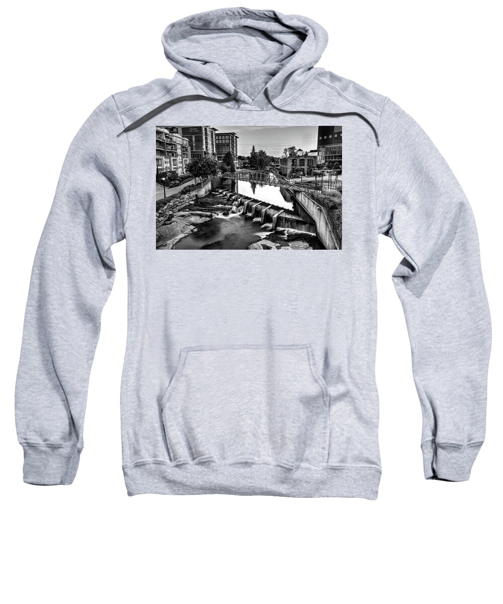 Downtown Greenville Sweatshirt featuring the photograph Reedy River In Downtown Greenville SC Black And White by Carol Montoya
