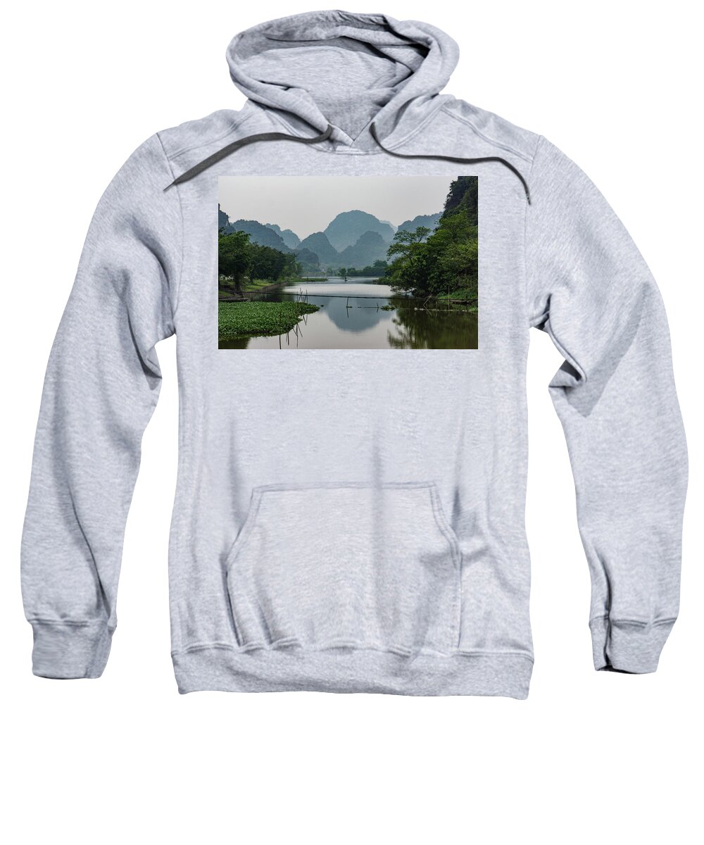 Landscape Sweatshirt featuring the photograph river and limestone mountains in Vietnam by Ann Moore