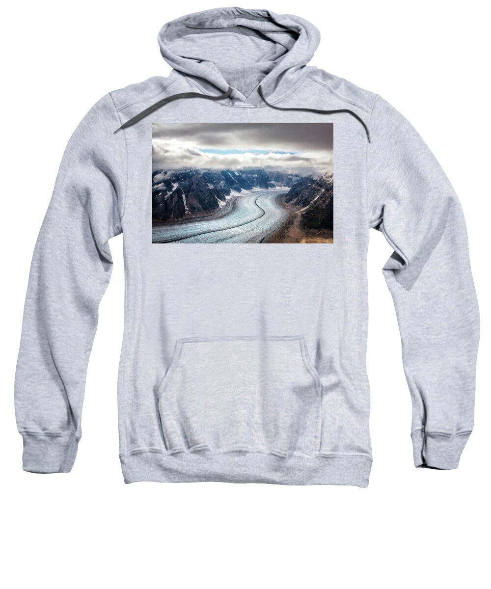 Alaska Sweatshirt featuring the photograph Ruth Glacier with Denali Mountain Aerial by Alex Mironyuk