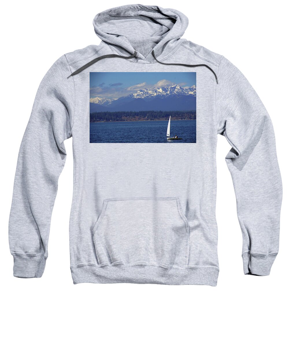 Lake Sweatshirt featuring the photograph Sailboat on Puget Sound with Olympic mountains by Steve Estvanik