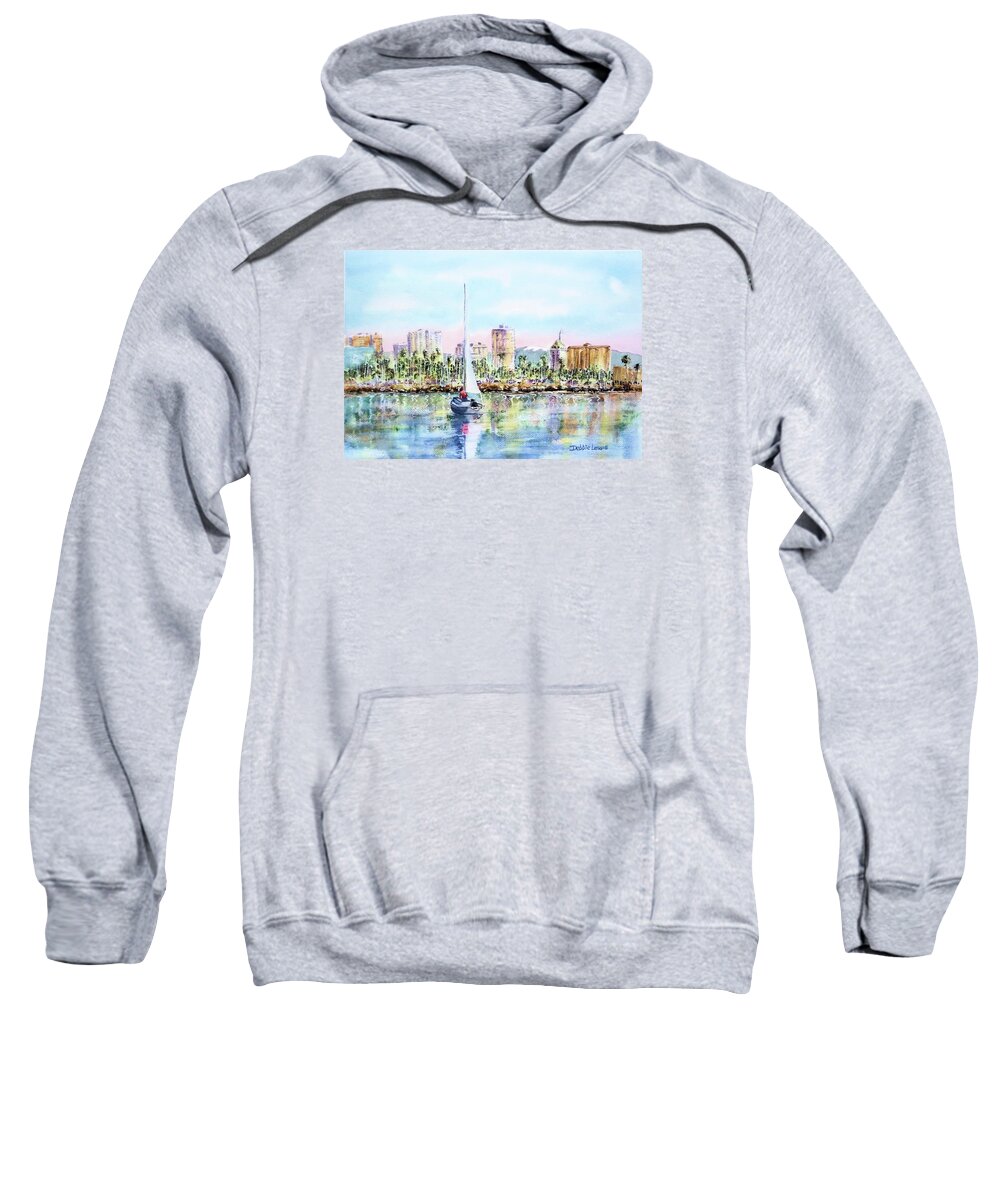 Long Beach California Sweatshirt featuring the painting Sailing into Downtown Long Beach by Debbie Lewis