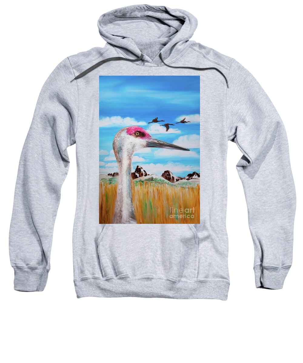 Sandhill Crane Sweatshirt featuring the painting Sandhill Crane Teton View by Shelley Myers