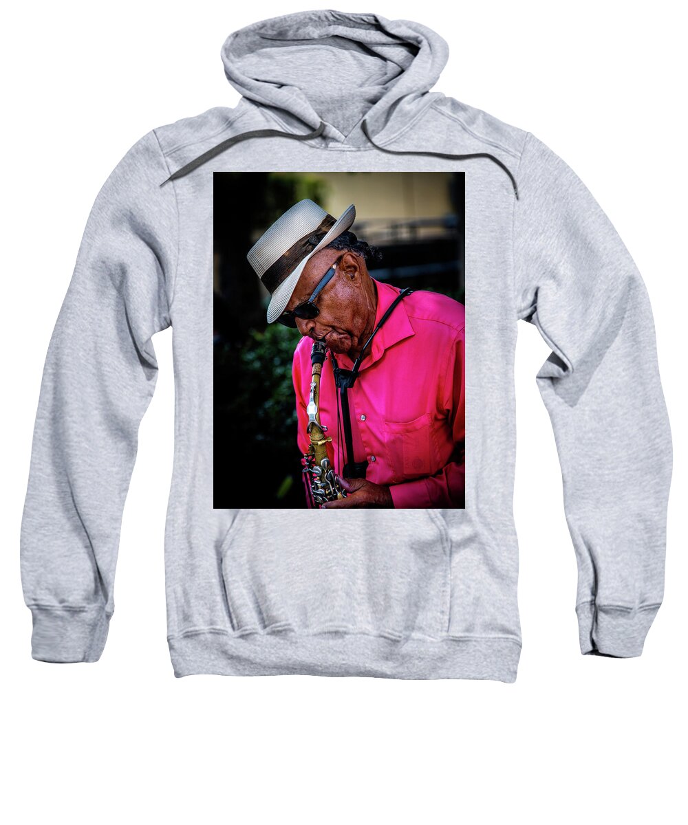 French Quarter Sweatshirt featuring the photograph Sax On The Street by Greg and Chrystal Mimbs