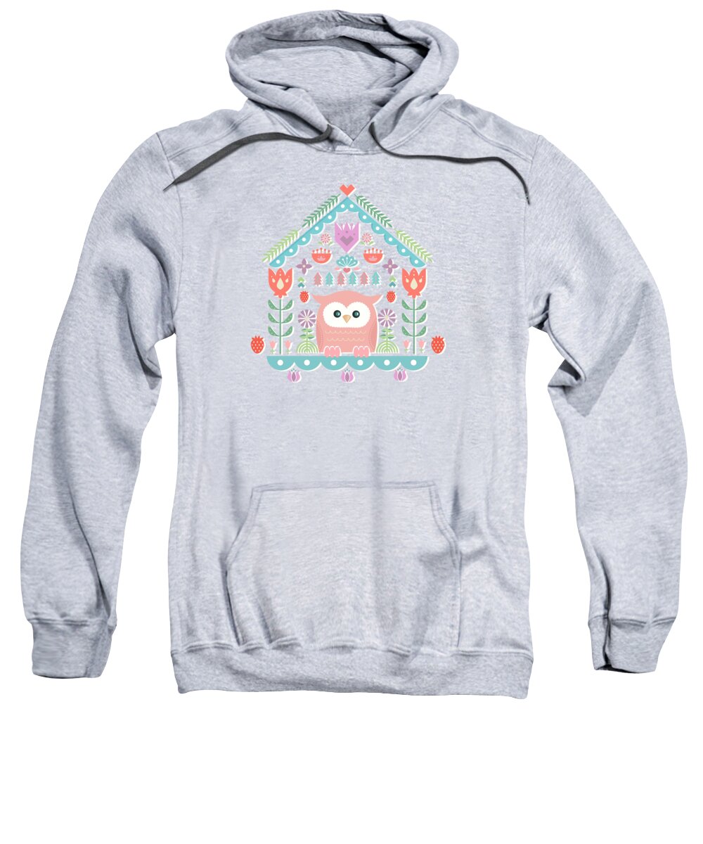 Painting Sweatshirt featuring the painting Scandinavian Folk Style Owl Bird House by Little Bunny Sunshine
