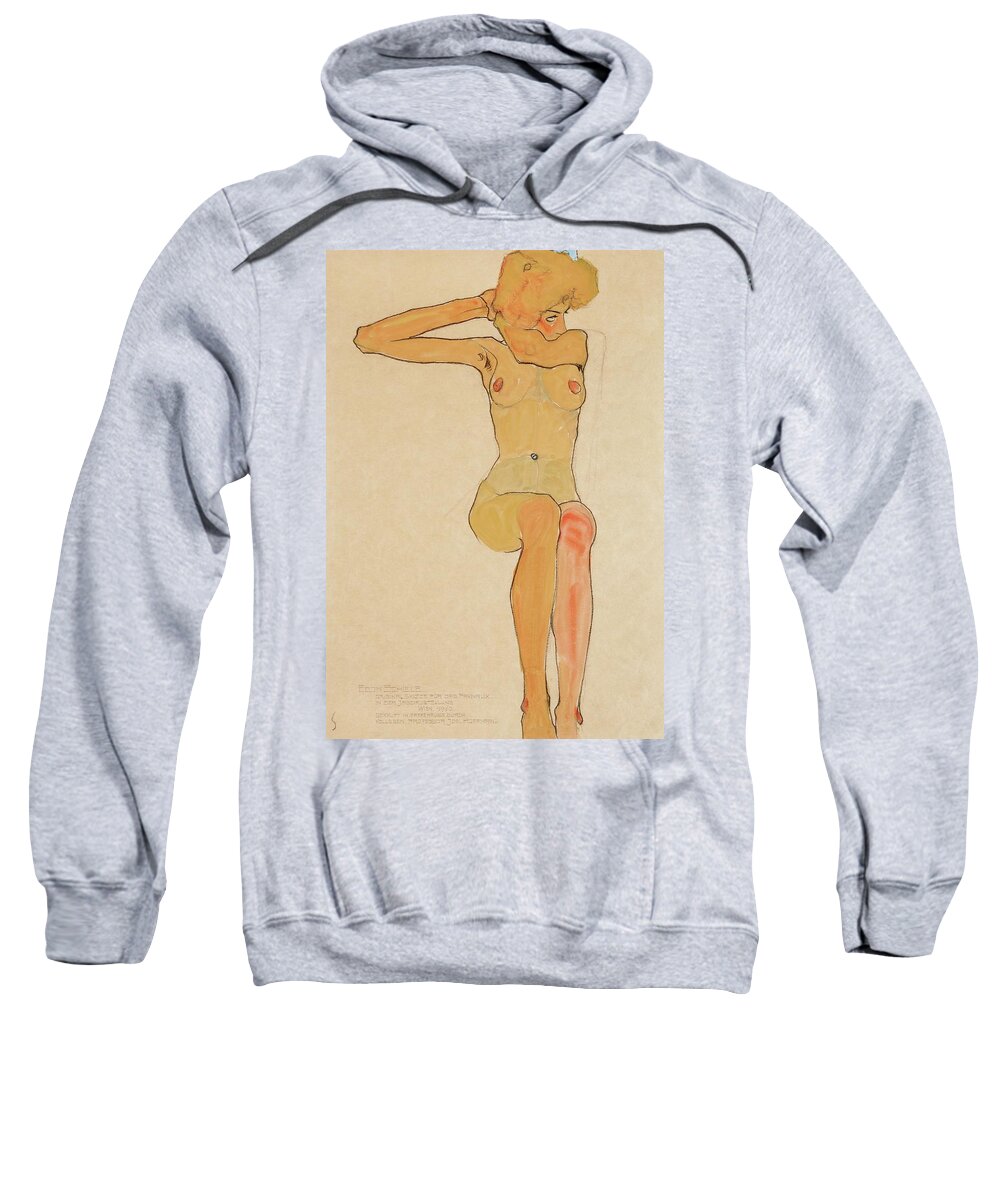 Egon Schiele Sweatshirt featuring the drawing Seated female nude with raised right arm,1910 Gouache,. by Egon Schiele -1890-1918-