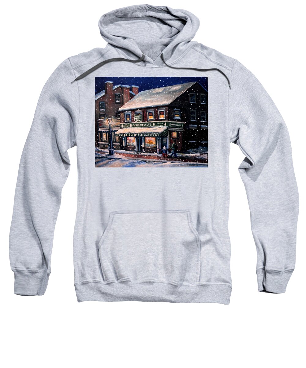 Winter Sweatshirt featuring the painting Snowy Evening in Gloucester, MA by Eileen Patten Oliver