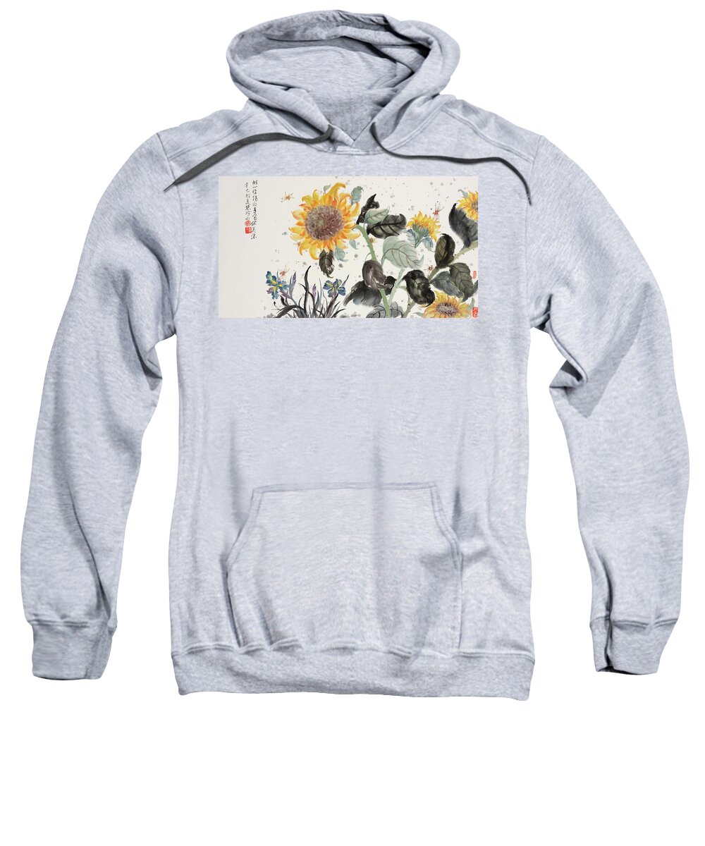 Chinese Watercolor Sweatshirt featuring the painting Sunflower and Dragonfly by Jenny Sanders