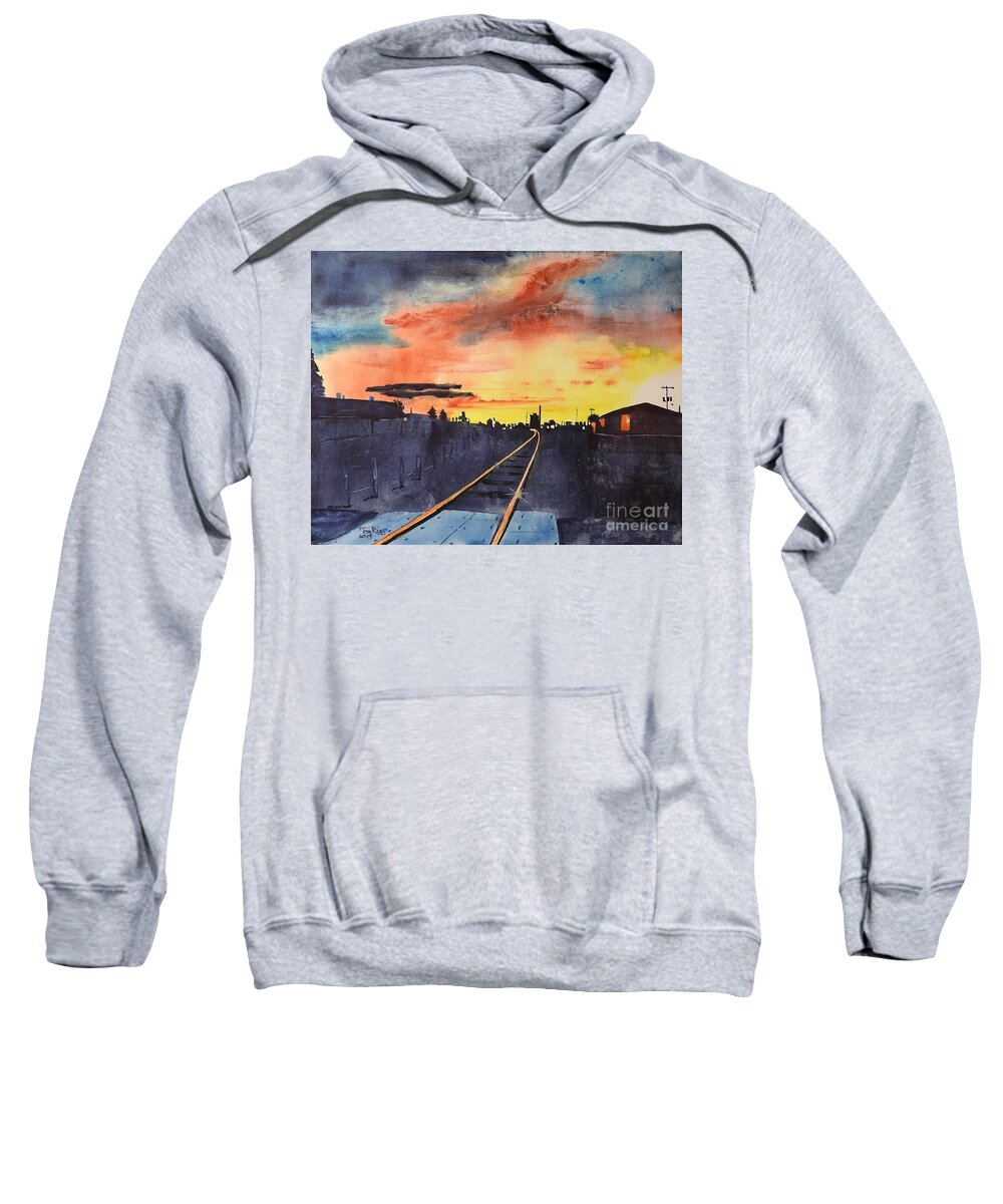 Sun Sweatshirt featuring the painting Sunrise on the Tracks by Tom Riggs