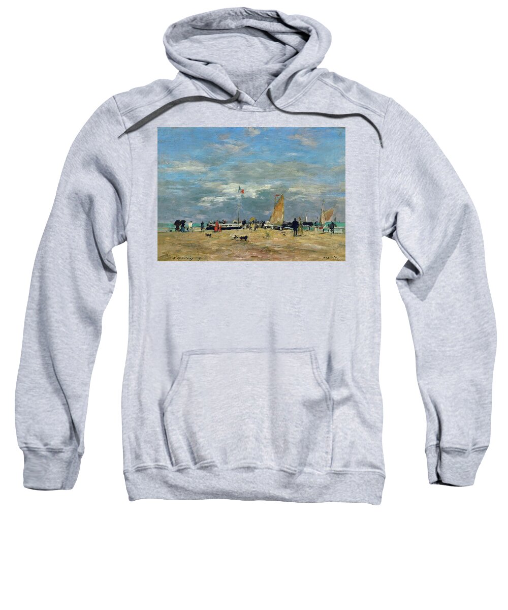 Eugene Boudin Sweatshirt featuring the painting The Jetty of Deauville, France. Oil on canvas Inv. RF 1967. by Eugene Boudin -1824-1898-