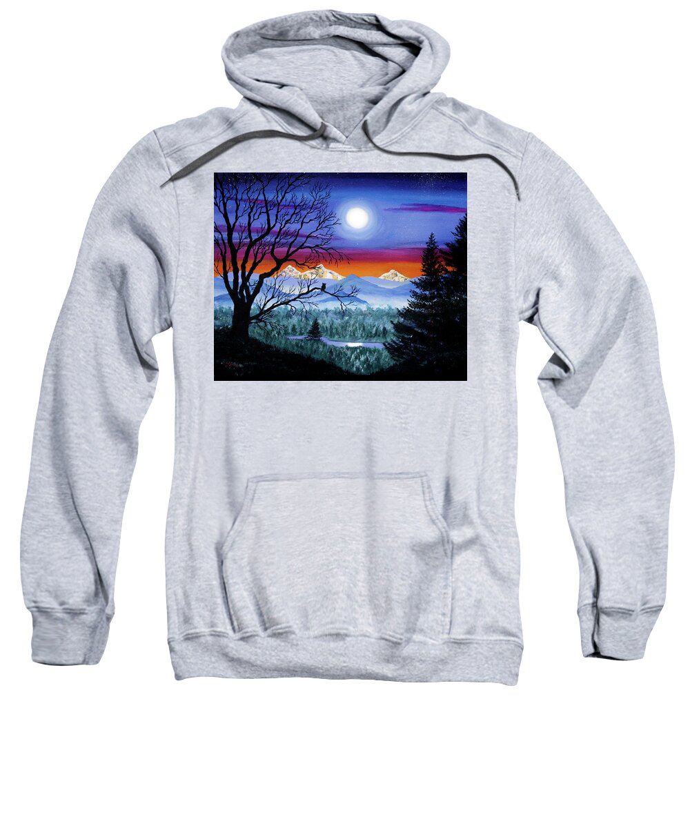 Oregon Sweatshirt featuring the painting Three Sisters Overlooking a Moonlit River by Laura Iverson