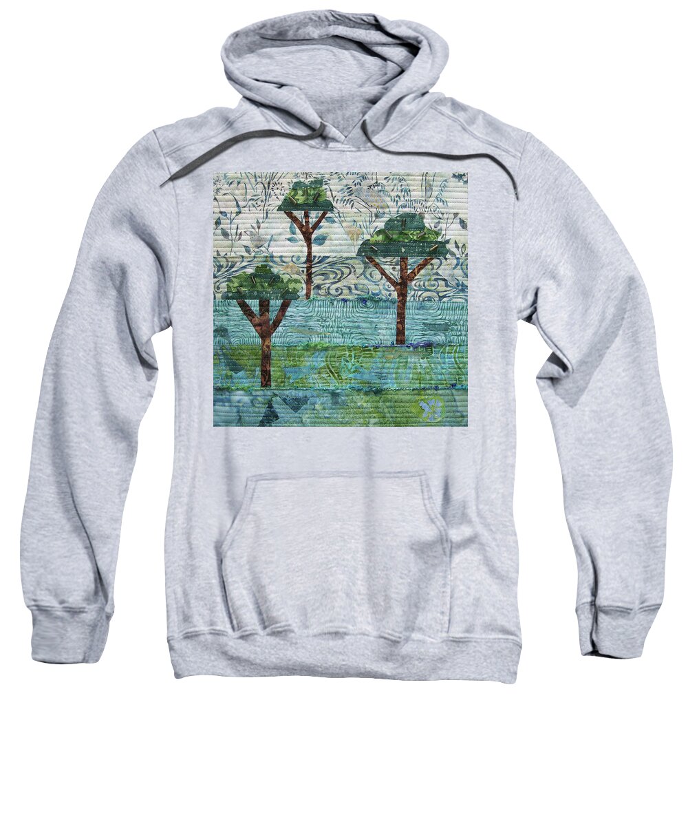 Art Quilt Sweatshirt featuring the tapestry - textile Three Trees by Pam Geisel