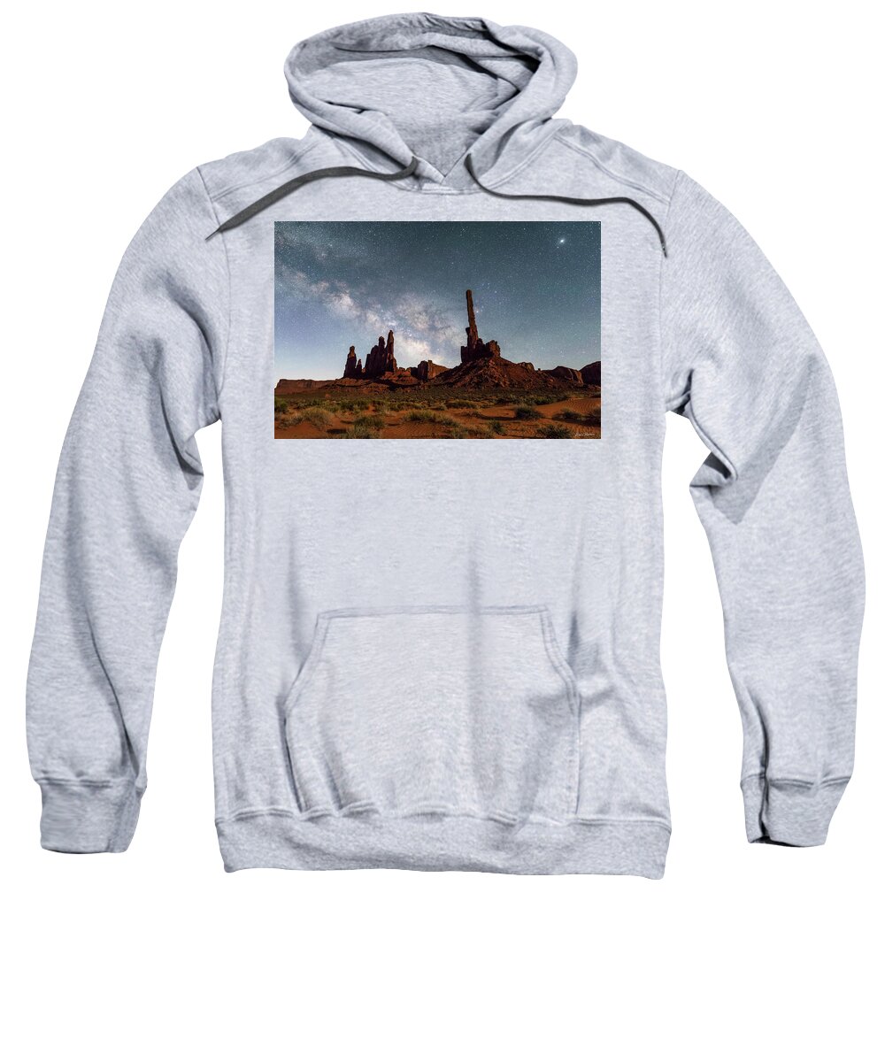 Monument Valley Tribal Park Sweatshirt featuring the photograph Totem Pole, Yei Bi Che and Milky Way by Dan Norris