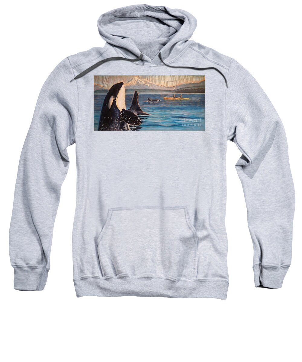 Orca Sweatshirt featuring the painting Treasures of the Salish Sea by Janet McDonald