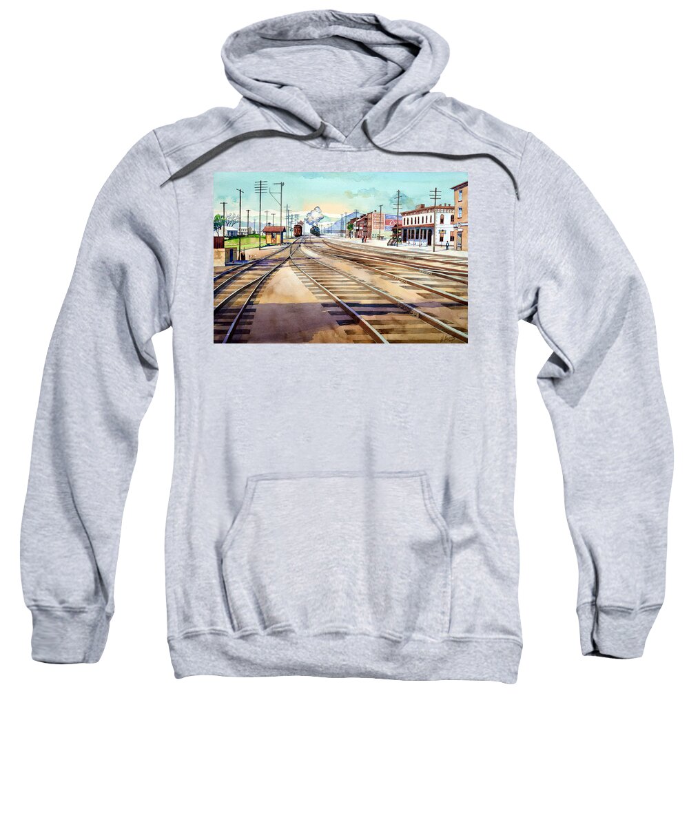 Vintage Sweatshirt featuring the painting Vintage Color Columbia Rail Yards by Mick Williams