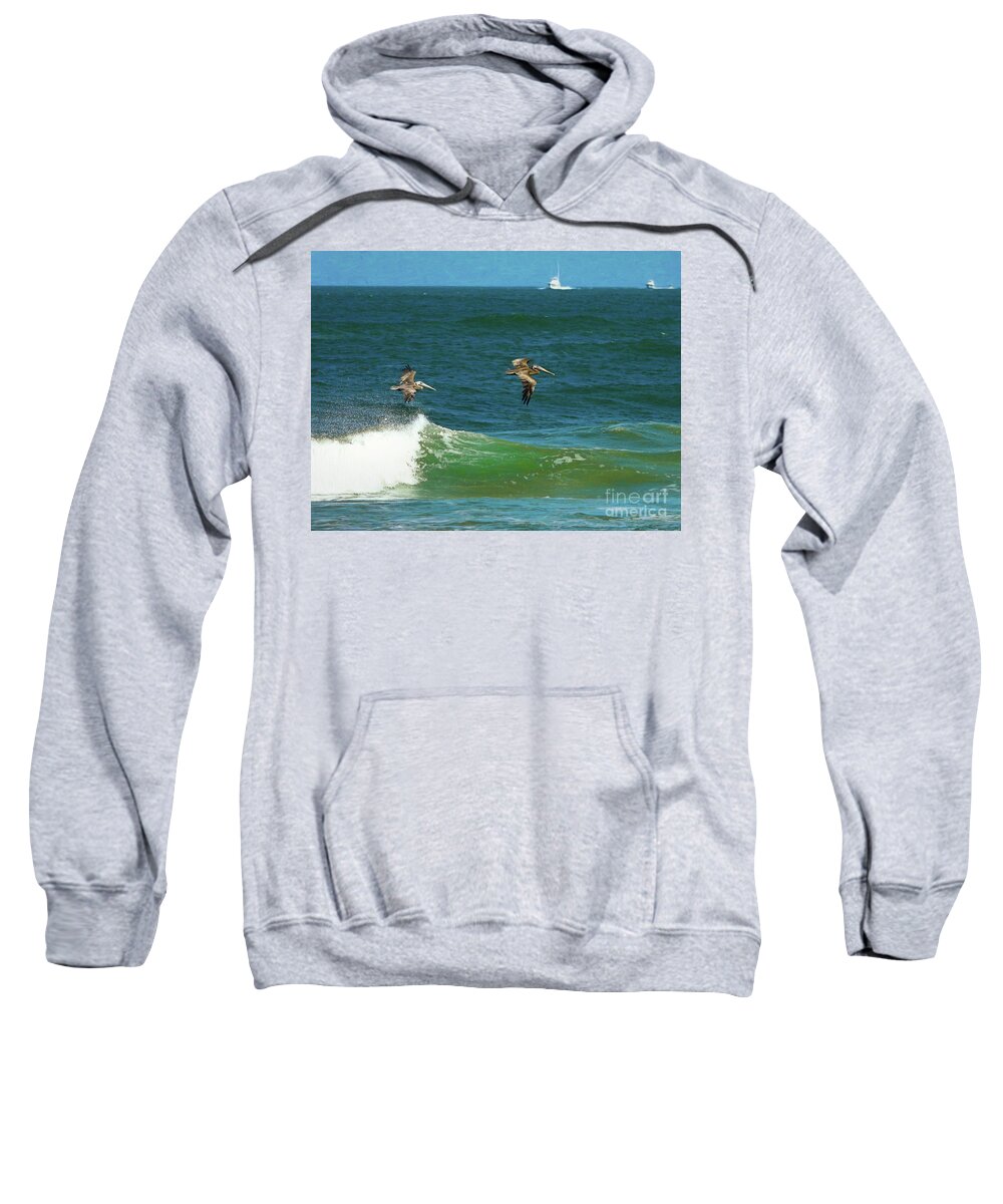 Pelicans Sweatshirt featuring the photograph Wave Runners by Scott Cameron