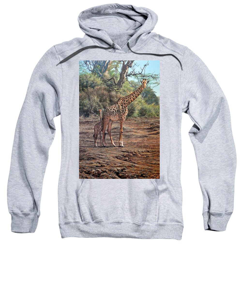 Alan M Hunt Sweatshirt featuring the painting What are the looking at? Giraffes by Alan M Hunt