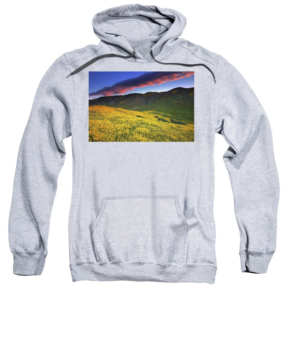 Yellow Sweatshirt featuring the photograph Yellow wildflower sunrise over the Temblor Range at Carrizo Plain National Monument in California by Jetson Nguyen