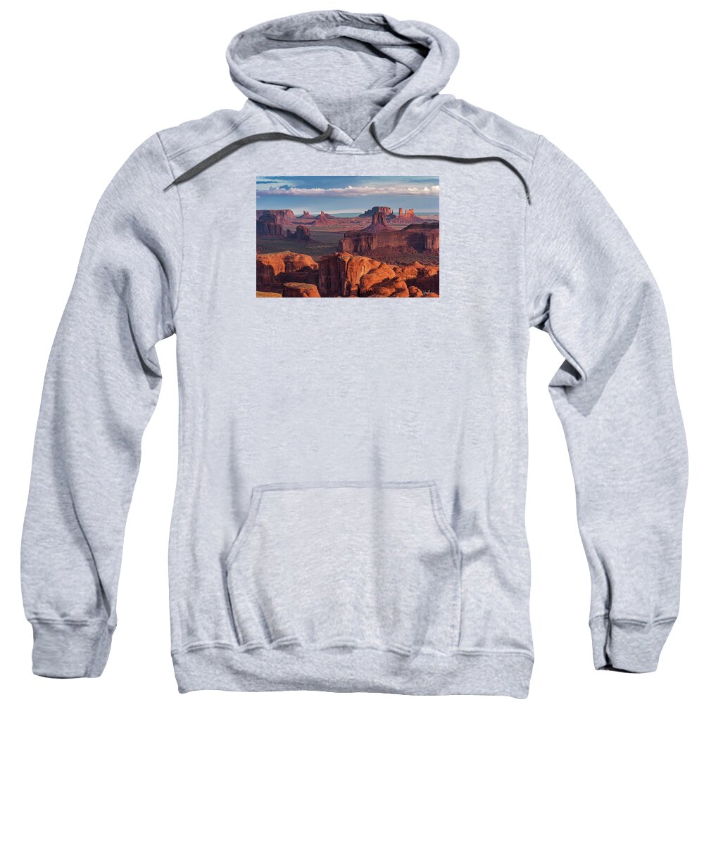 Southwest Desert Arizona Monument Valley Dineh Sunrise Stagecoach Red Rock Colorado Plateau Sweatshirt featuring the photograph Sunrise from Hunt's Mesa #1 by Dan Norris