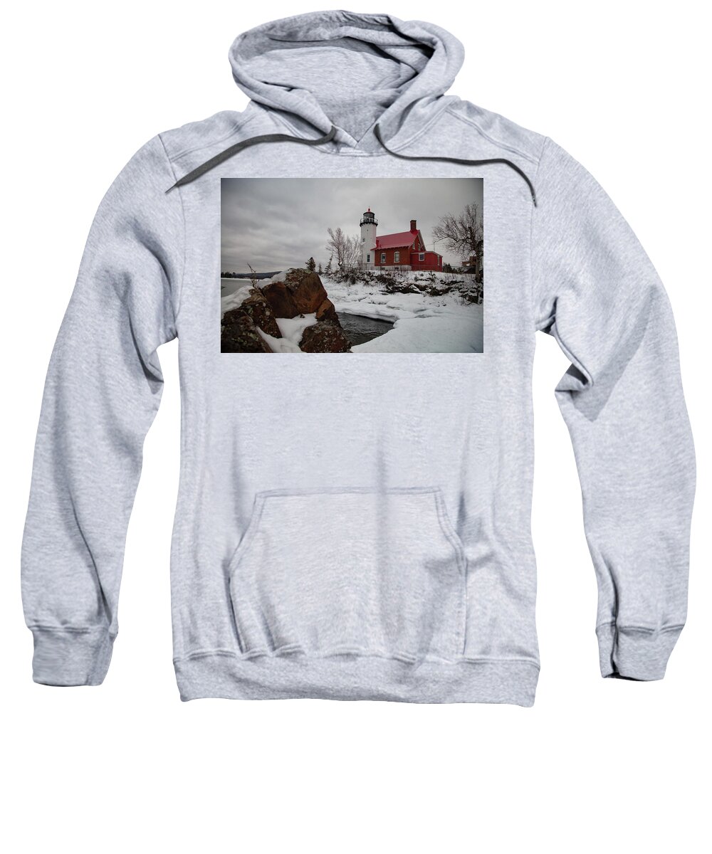 Eagle Harbor Mi Sweatshirt featuring the photograph Winter view of Eagle Harbor Lighthouse in Eagle Harbor Michigan by Eldon McGraw