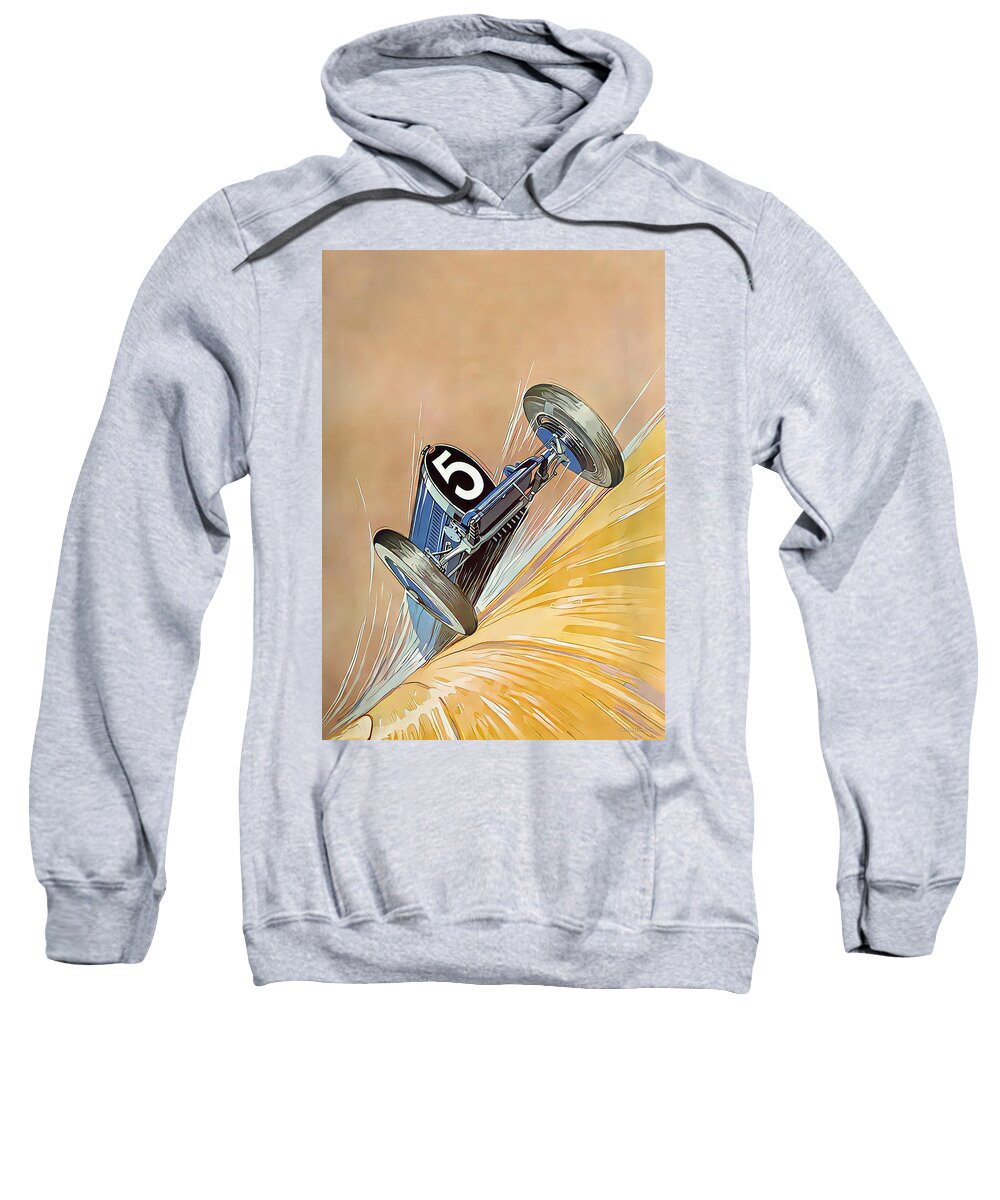 Vintage Sweatshirt featuring the painting 1927 Bugatti Type 35B dramatic speed perspective original french art deco illustration by Roger Soubie