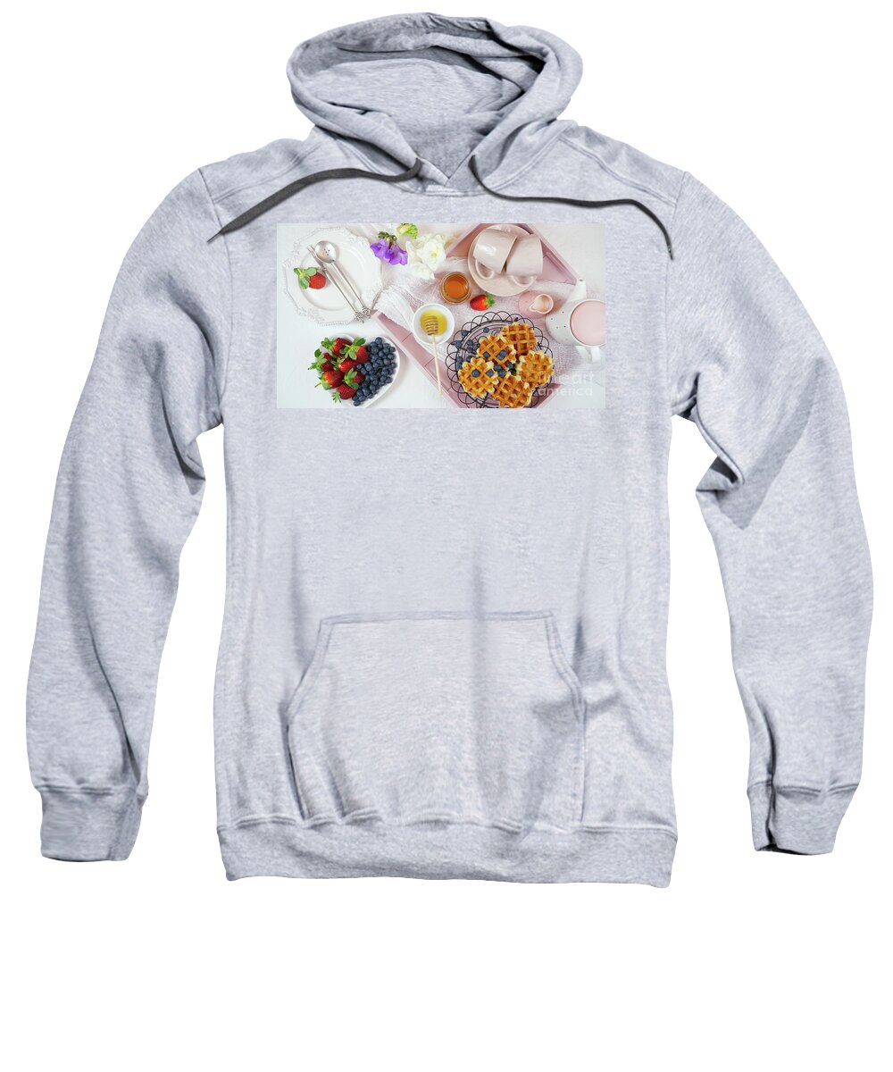 Honey Sweatshirt featuring the photograph Breakfast tray with waffles, honey and fruit. #2 by Milleflore Images