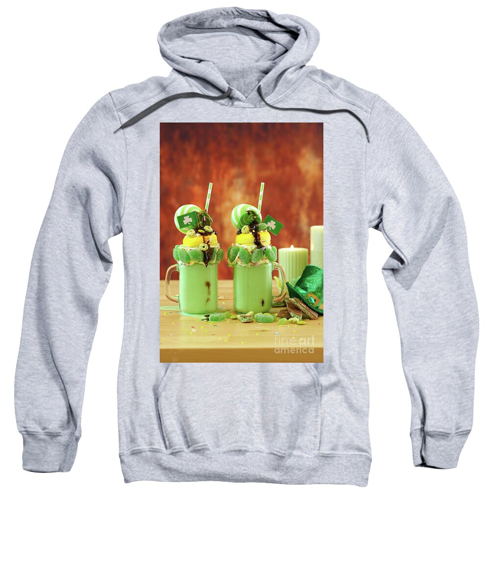 St Patricks Day Sweatshirt featuring the photograph St Patrick's Day on-trend holiday freak shakes with candy and lollipops. #3 by Milleflore Images