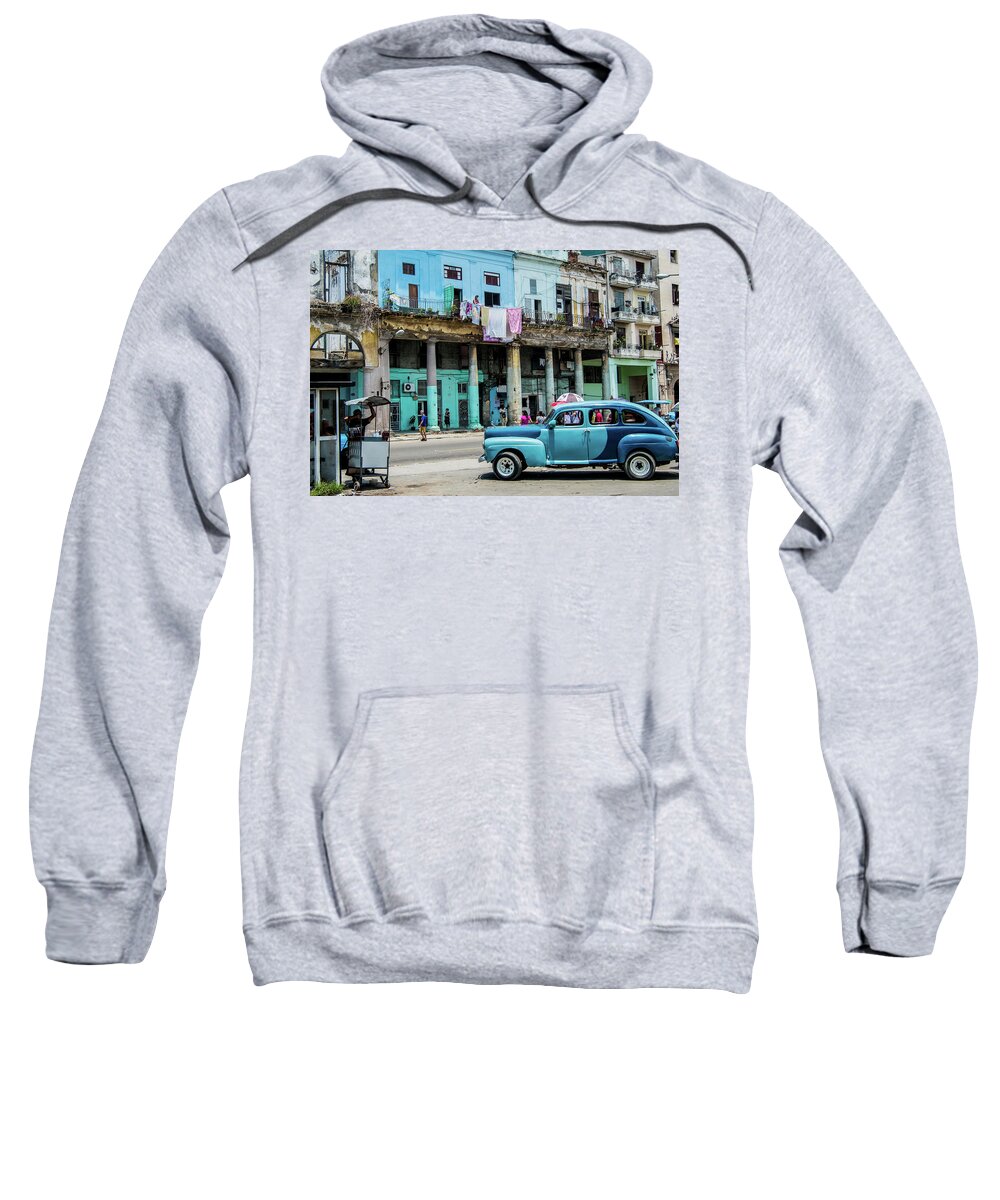 Cuba Sweatshirt featuring the photograph A blue car on the street. Havana. Cuba by Lie Yim