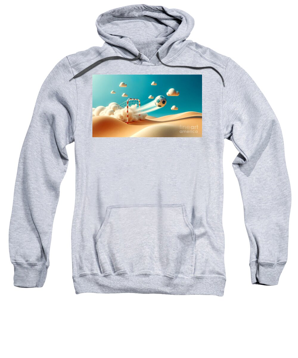 Soccer Sweatshirt featuring the digital art A soccer ball is dynamically captured in motion as it heads towards a goal net on a sandy by Odon Czintos