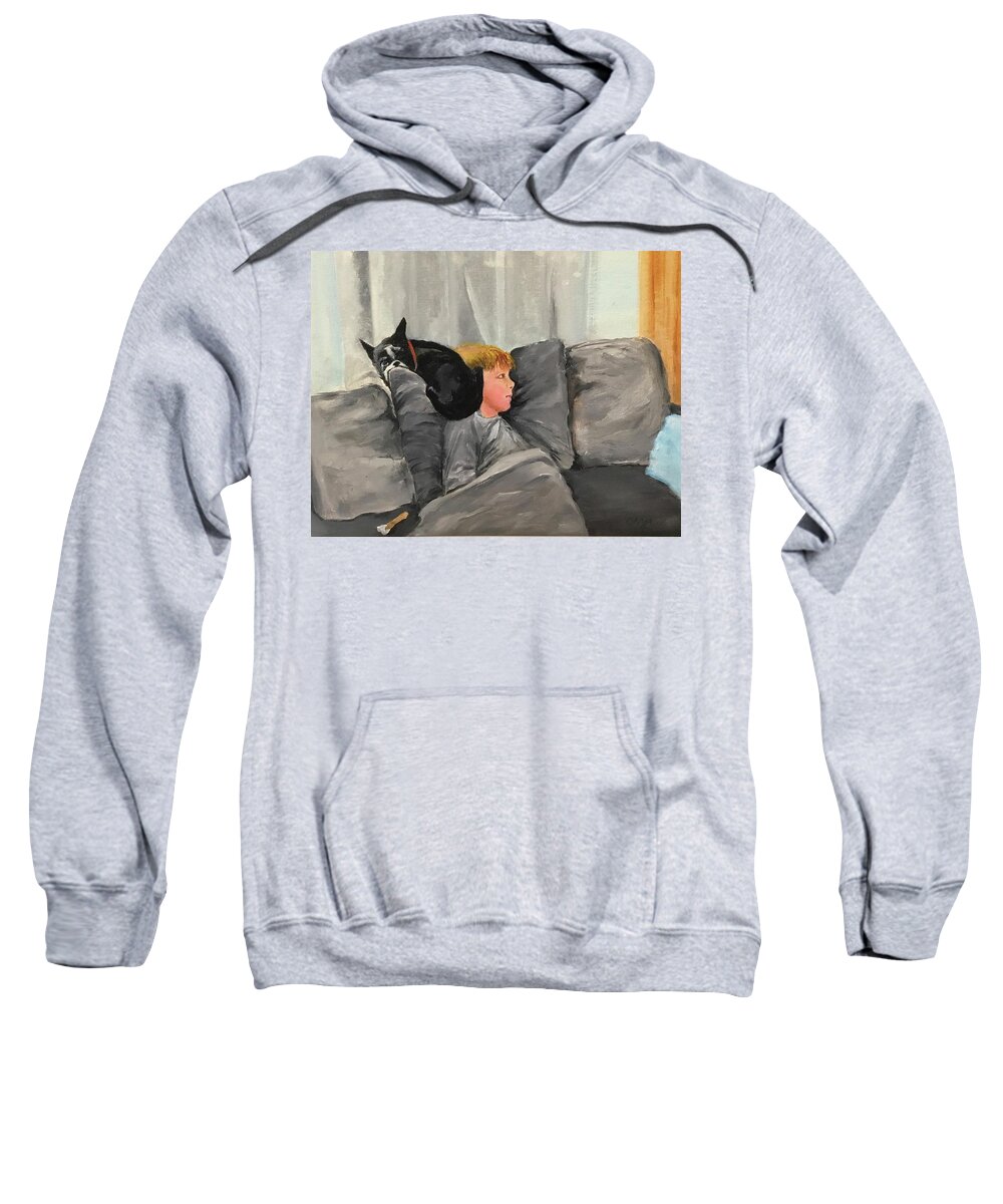 Boy With Dog Sweatshirt featuring the painting After the party by Ellen Canfield