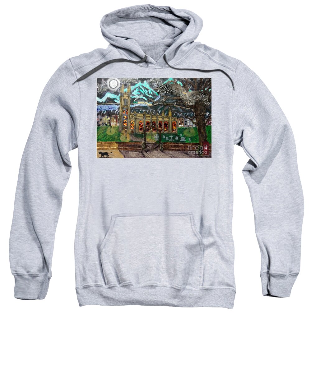 Church Sweatshirt featuring the mixed media An Owl with a View by David Westwood